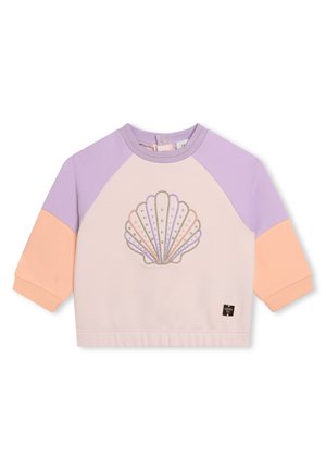 Felpa corta leggera in rosa pallido, lavanda e pesca. Presenta un design a conchiglia con accenti metallici e polsini a coste.
