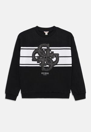 Schwarzer Sweatshirt mit einem zentralen dekorativen Logo aus Strass, weißen Streifen über der Brust sowie gerippten Bündchen und Saum.
