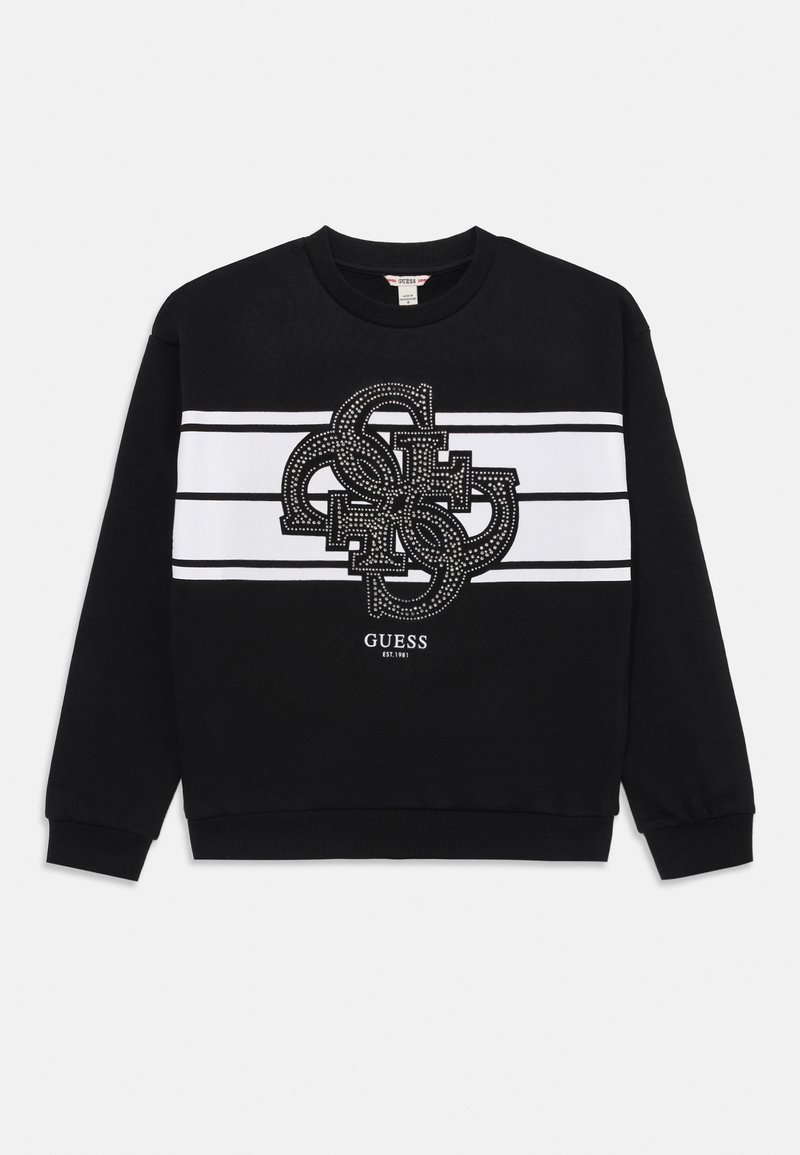 Sweatshirt noir avec un logo décoratif central en strass, des rayures blanches sur la poitrine et des poignets et ourlet côtelés.