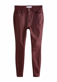Burgundia skinny teksad, mis on valmistatud puuvillasegistusest; sisaldab viit taskut, v�ööaasasid ja lukuga flies ehk nööbiga sulgemist.