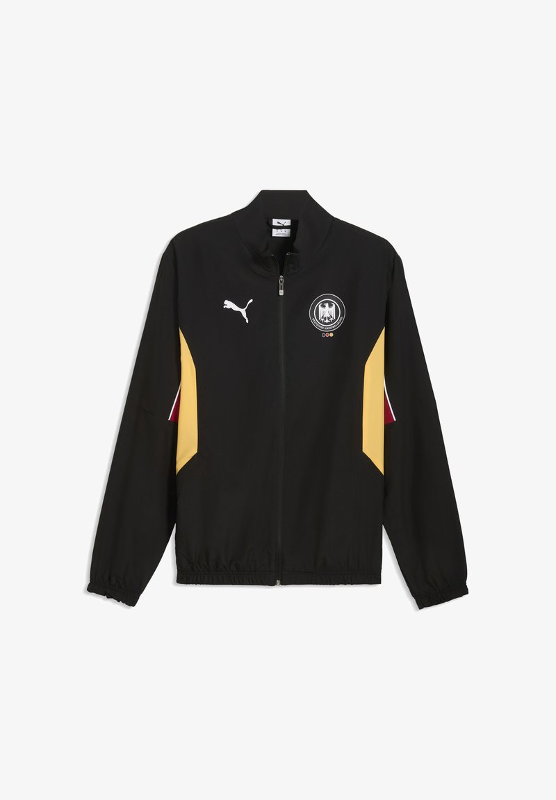 Czarna kurtka na zamek błyskawiczny z żółtymi bocznymi panelami, białe logo Puma na prawej piersi oraz okrągły emblemat reprezentacji Niemiec na lewej piersi.