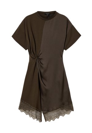 Kurzärmliges braunes Kleid mit geknotetem Taillendetail, asymmetrischem Panel und Spitzenverzierung am Saum.