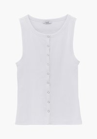 Camiseta sin mangas blanca con tejido acanalado, cierre frontal con botones a presión y escote redondo.