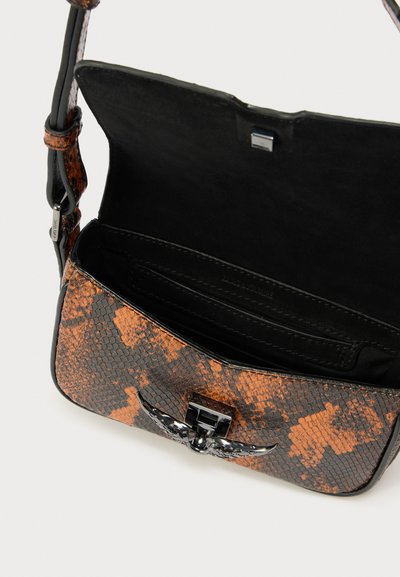 Structured handbag with a textured, multicolored snakeskin pattern in orange and black, featuring a shiny silver clasp and black interior.