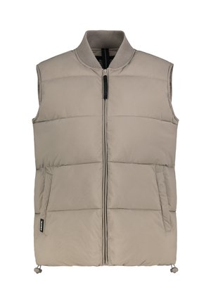 Beige puffervest met een hoge kraag en een rits aan de voorkant. Gelaagd ruitpatroon, twee zijzakken en verstelbare trekkoorden aan de onderkant.