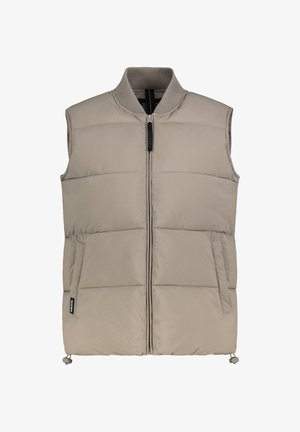 Beige Steppweste mit hohem Kragen und Frontreißverschluss. Rautensteppung, zwei Seitentaschen und verstellbarer Kordelzug am Saum.