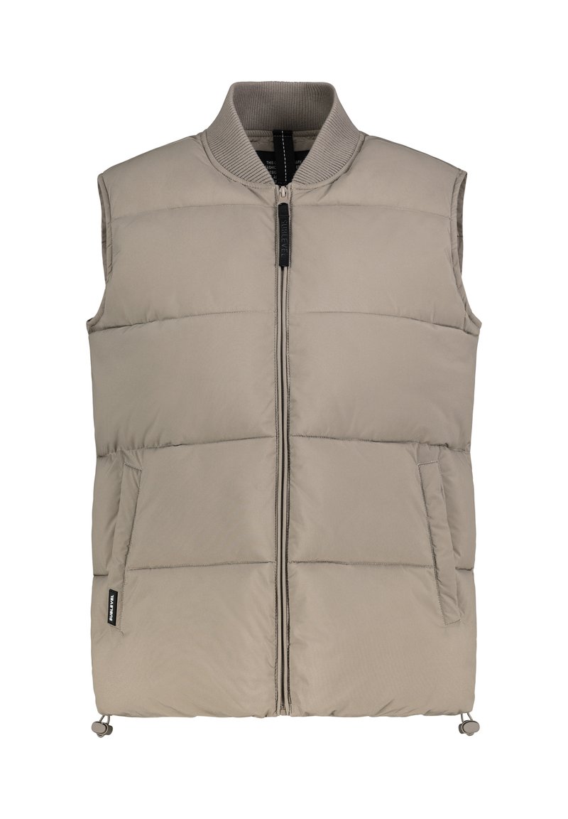 Beige Steppweste mit hohem Kragen und Frontreißverschluss. Rautensteppung, zwei Seitentaschen und verstellbarer Kordelzug am Saum.