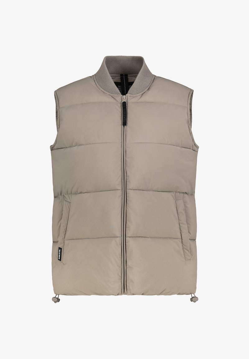 Beige Steppweste mit hohem Kragen und Frontreißverschluss. Rautensteppung, zwei Seitentaschen und verstellbarer Kordelzug am Saum.