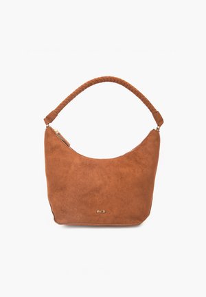 Brown suede handbag with braided handle and gold zipper, small gold "RAID" logo on front, set against a white background.