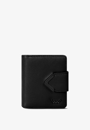 Black leather wallet with a textured finish, rectangular shape, curved accent on the front, and a logo embossed on the bottom right corner.