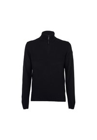 Maglione nero con colletto a mezza zip, maniche e orlo a coste, realizzato in un morbido tessuto a maglia. Nessun motivo o accento aggiuntivo visibile.