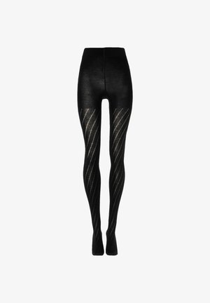 Svarta genomskinliga strumpbyxor med diagonala randmönster som löper ner längs benen, hög midja och hel fotöverdrag.