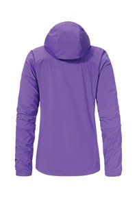 Lila, langärmlige Outdoor-Jacke mit Kapuze. Glatte Textur, taillierte Passform. Die Rückansicht hebt die Nahtdetails und die Ärmelbündchen hervor.