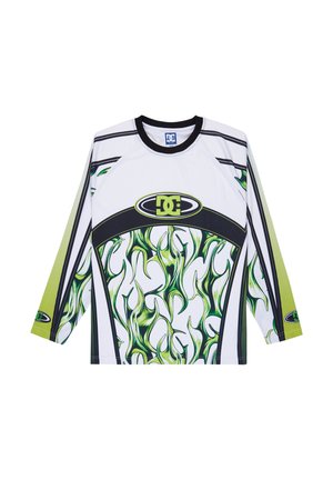 Biela košeľa s dlhým rukávom s motívom zelených plameňov, čiernymi detailmi a čiernym rebrovaným lemom okolo krku. Na prednej strane výrazne umiestnené logo DC.