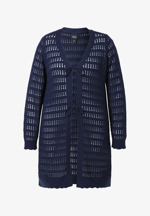 Cardigan en maille bleu marine à ouverture frontale, manches longues et deux fermetures à nouer, présentant un motif en maille ajourée.