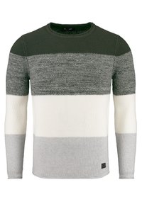 Strickpullover mit langen Ärmeln, der ein gestreiftes Muster in Dunkelgrün, Grau, Weiß und Hellgrau aufweist. Rundhalsausschnitt und strukturiertes Material.