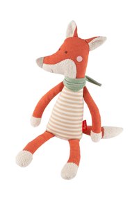 Orange and beige striped plush fox toy with a green scarf, textured ears, paws, and tail tip, sitting upright.