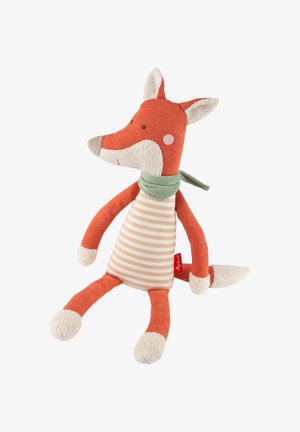 Orange and beige striped plush fox toy with a green scarf, textured ears, paws, and tail tip, sitting upright.