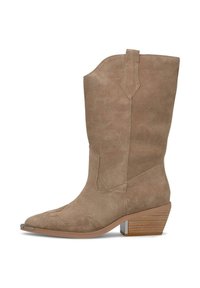 Stivale western in suede marrone chiaro con punta appuntita, cuciture decorative, tacco leggero e un manico nella parte superiore per una facile calzata.