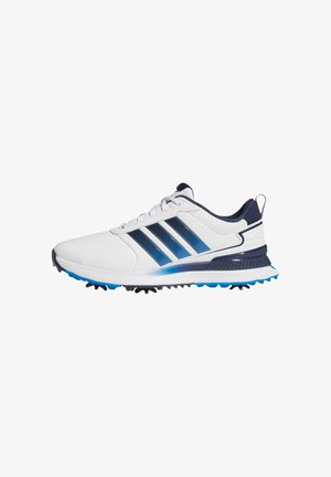 White athletic shoes with navy accents and three blue stripes. Features a textured upper, padded collar, and a blue rubber outsole with spikes.