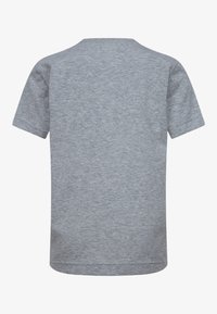 Gray cotton t-shirt with short sleeves, rounded neckline, smooth texture, and a simple design. No visible graphics or patterns.