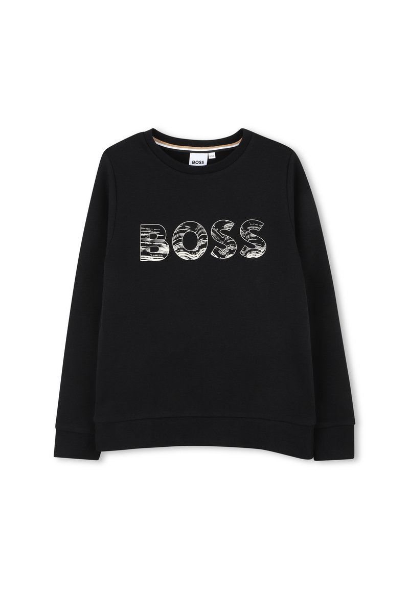 Črna sweatshirt s dolgimi rokavi, krožnim ovratnikom, s teksturiranim belim logotipom 'BOSS' na sredini in rebrastimi manšetami na robu.