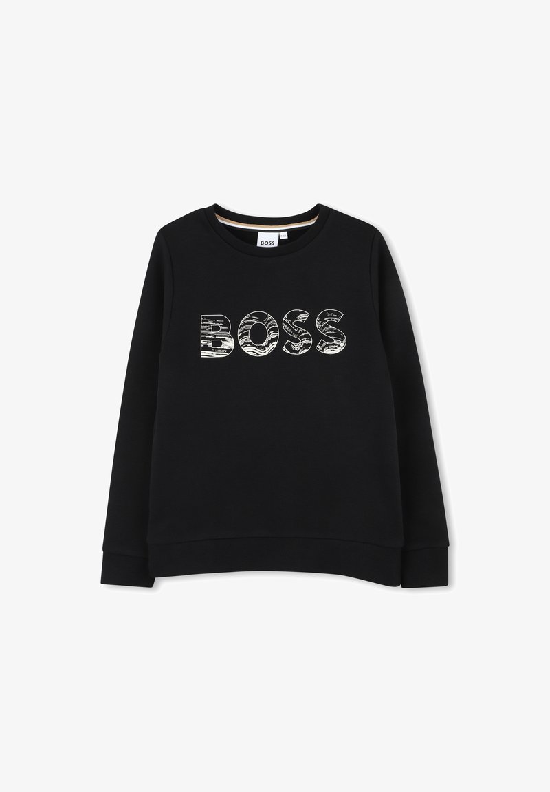 Melna sporta krekla ar garām piedurknēm, ar apaļu kaklu, centrā ar teksturētu baltu izdruku "BOSS" logotipu un ribota apakšmalu pie piedurknēm.