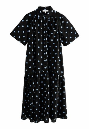 Robe noire courte avec manches courtes, col et pois bleu clair. Dotée d'une jupe froncée à étages et d'une poche sur le devant.
