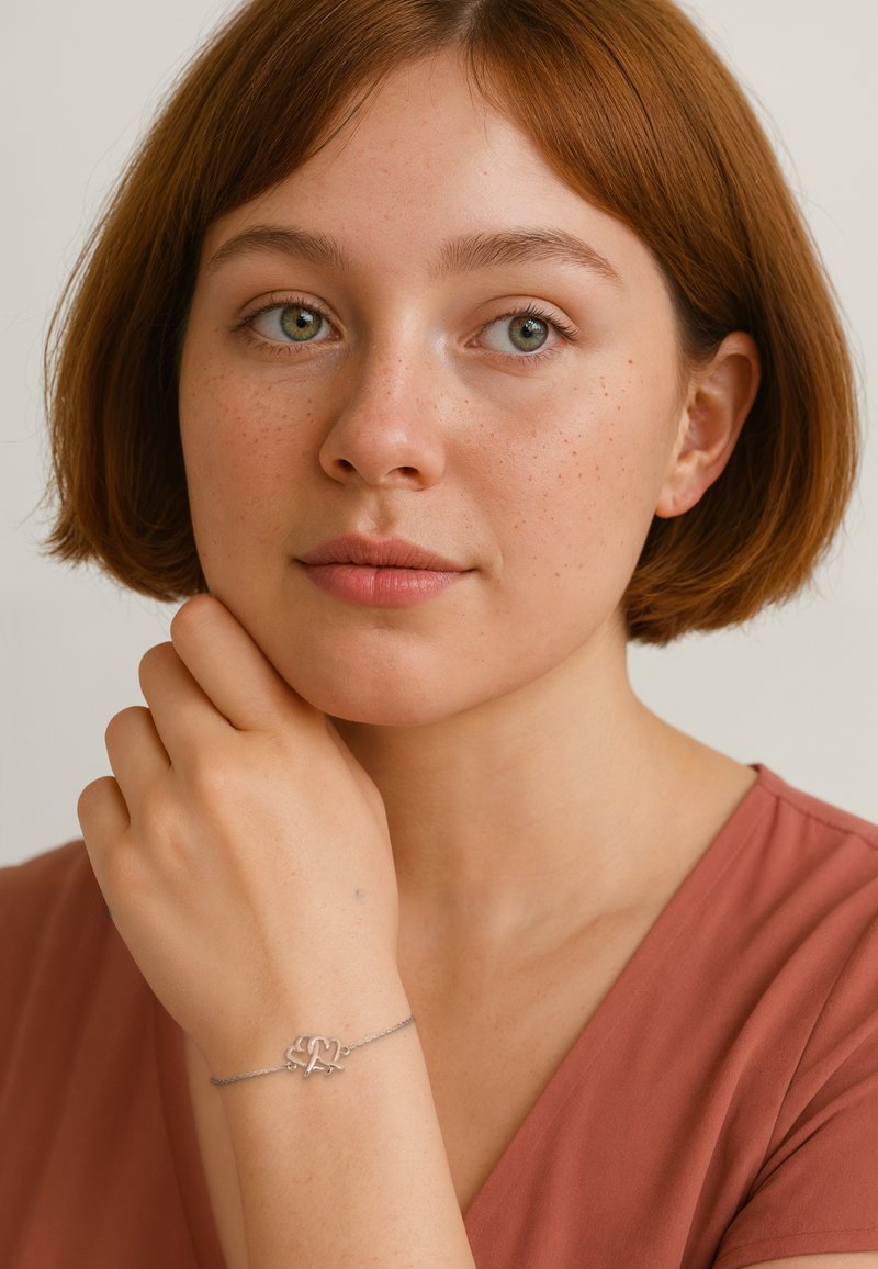 Bracciale d'argento con un intricato design a nodo, indossato su una mano con un tono di pelle chiaro. Lo sfondo è neutro. La modella ha i capelli corti e castani.