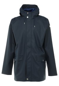 Navy waterproof rain jacket with a hood, featuring silver hardware, adjustable drawstrings, and two front pockets. Smooth texture, mid-length.