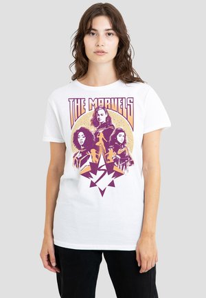 White cotton t-shirt featuring a vibrant purple graphic of three characters with text "THE MARVELS" above and a colorful design below.