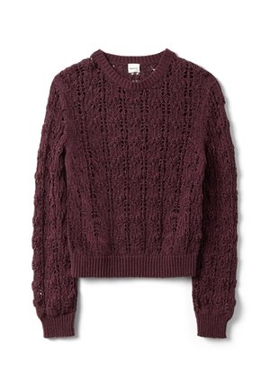 Maglione viola a maniche lunghe lavorato a maglia con motivo traforato testurizzato e bordi a coste su polsini, orlo e scollo.