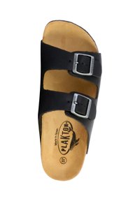 Sorte lædersandal med to justerbare sølvspænder. Naturlig korkfodsål mærket "PLAKTON", størrelse 37, lavet i Spanien.