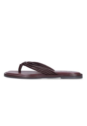 Flat brown leather flip-flop sandal with multiple thin straps and a toe post on a low black sole viewed from the side.