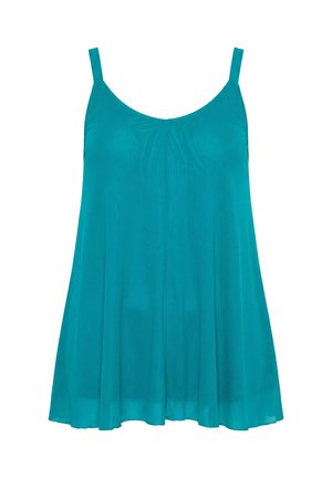 Dámské tílko v modrozelené barvě bez rukávů s tenkými ramínky a volným, vzdušným střihem, ideální pro běžné nošení nebo vrstvení.