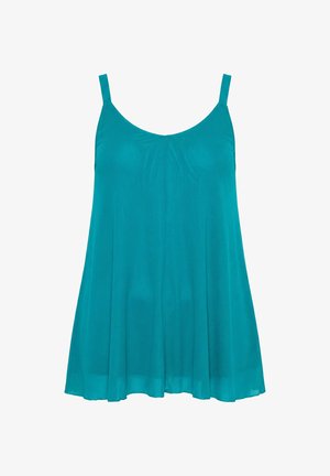 Dámské tílko v modrozelené barvě bez rukávů s tenkými ramínky a volným, vzdušným střihem, ideální pro běžné nošení nebo vrstvení.