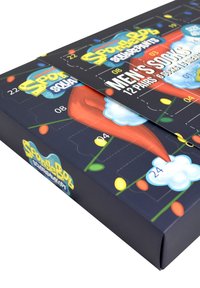 SpongeBob Schwammkopf Themen-Socken-Adventskalender, dunkler Hintergrund mit bunten Lichteffekten, ausgestattet mit 24 nummerierten Türen und Cartoon-Grafiken.