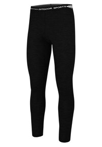 Schwarze Sportleggings mit glatter Textur, taillierter Passform und einem elastischen Bund mit Markenaufschrift "OUTDOOR SPORTS" in weiß.