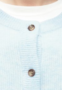 Tuvplāksne ar gaiši zilu adītu kardigānu, kas aizpogāts ar divām brūnām marmora pogām pār baltu apaļo kakla krekliņu.