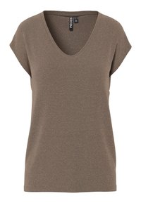 Ruskea V-kaula-aukkoinen T-paita, jossa lyhyet hihat, valmistettu teksturoidusta kankaasta, jossa hienovaraiset vaaleat raidat lisäämässä yksityiskohtia.