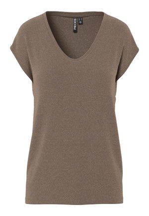 Brūnas krāsas T-krekls ar V veida izgriezumu un īsām piedurknēm, izgatavots no teksturēta auduma ar smalkām gaišām svītrām papildus detaļām.