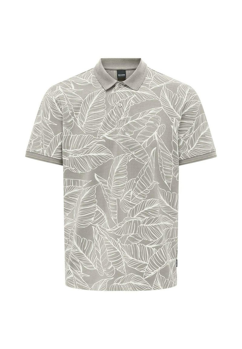 Gray polo shirt featuring a white leafy pattern, collared design, short sleeves, and a button placket at the neckline.