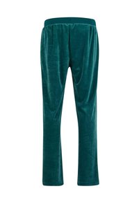 Vihreä samettihousut, joissa on joustava vyötärö, suorat lahkeet ja pehmeä rakenne, näkyvät takaa valkoista taustaa vasten.