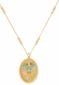 Kultainen kaulakoru, jossa on soikea riipus, jossa on sininen perhonen, vaaleanpunaisia kukkia ja vehnämotiivi kuvioitu kultaisella pohjalla.