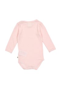 Pink long-sleeve bodysuit made of ribbed fabric. Features a round neckline and snap closures at the bottom for easy dressing.