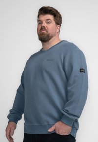 Lichtblauwe sweatshirt gemaakt van een katoenmix, met ribgebreide manchetten, ronde halslijn en een klein logo-opkleefsel op de linker mouw.