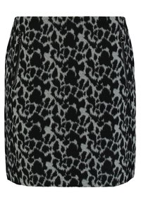 Black and gray leopard print skirt with two vertical zippered pockets near the waist.