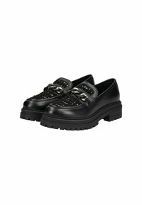 Sorte læder loafers med en struktureret front og kædeaccent, tykk gummisål og en rund tådesign.