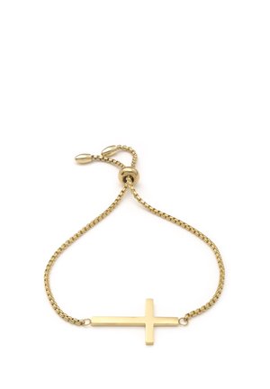 Bracelet réglable en or avec un pendentif croix horizontale sur fond blanc.