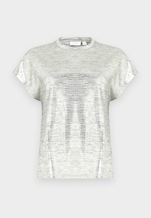 Pelēkā melange kratka piedurkne T-kreklu ar apaļu kakla izgriezumu un nedaudz vaļīgu piegriezumu. Virsma izskatās gluda ar vieglu spīduma efektu.